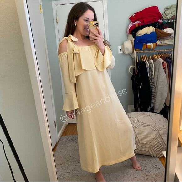 NWT GANNI Cream Tan Neutral Crepe Long Sleeve Ribbon Maxi Dress Clark 38 Medium - Picture 9 of 9